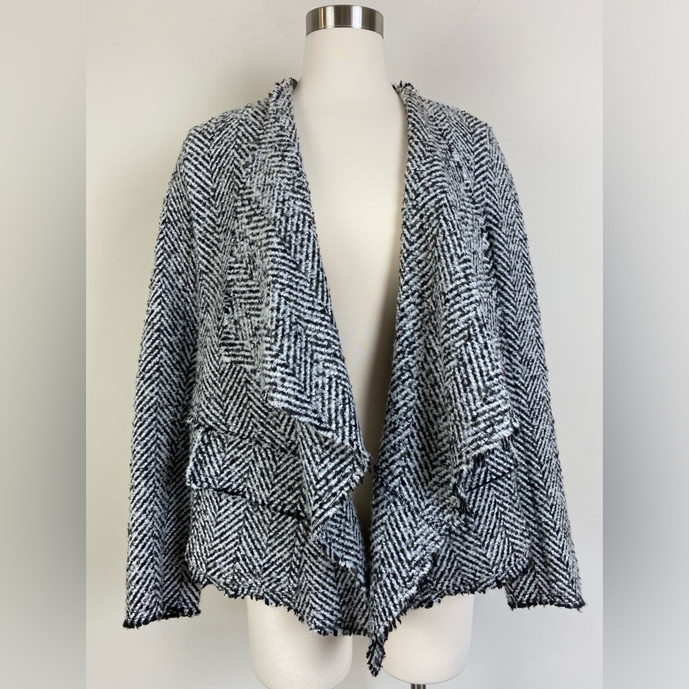 Karen Kane Draped Waterfall Jacket Blazer Herringbone Black White Fuzzy Size M